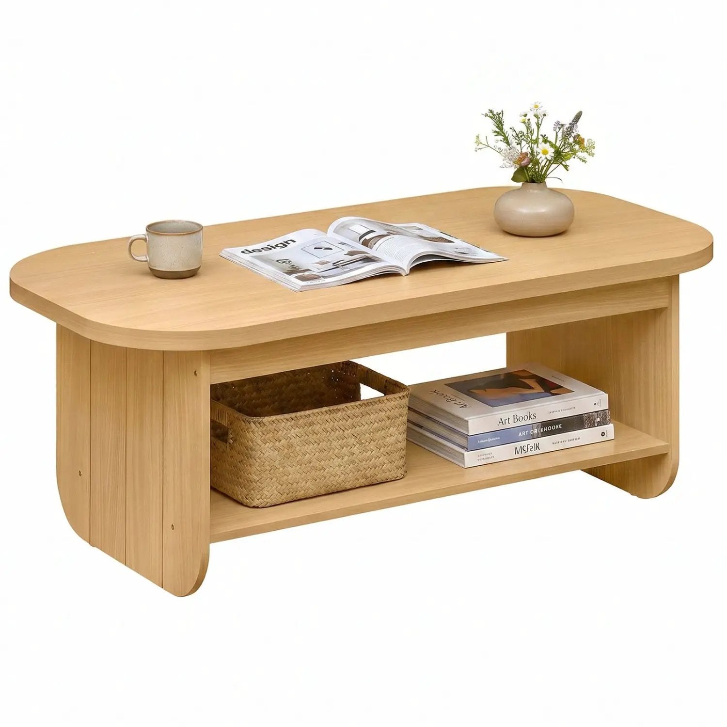 2-Tier Oval Coffee Table for Living Room Mid Century Center Table with Bottom Storage Shelf by DirectDeals