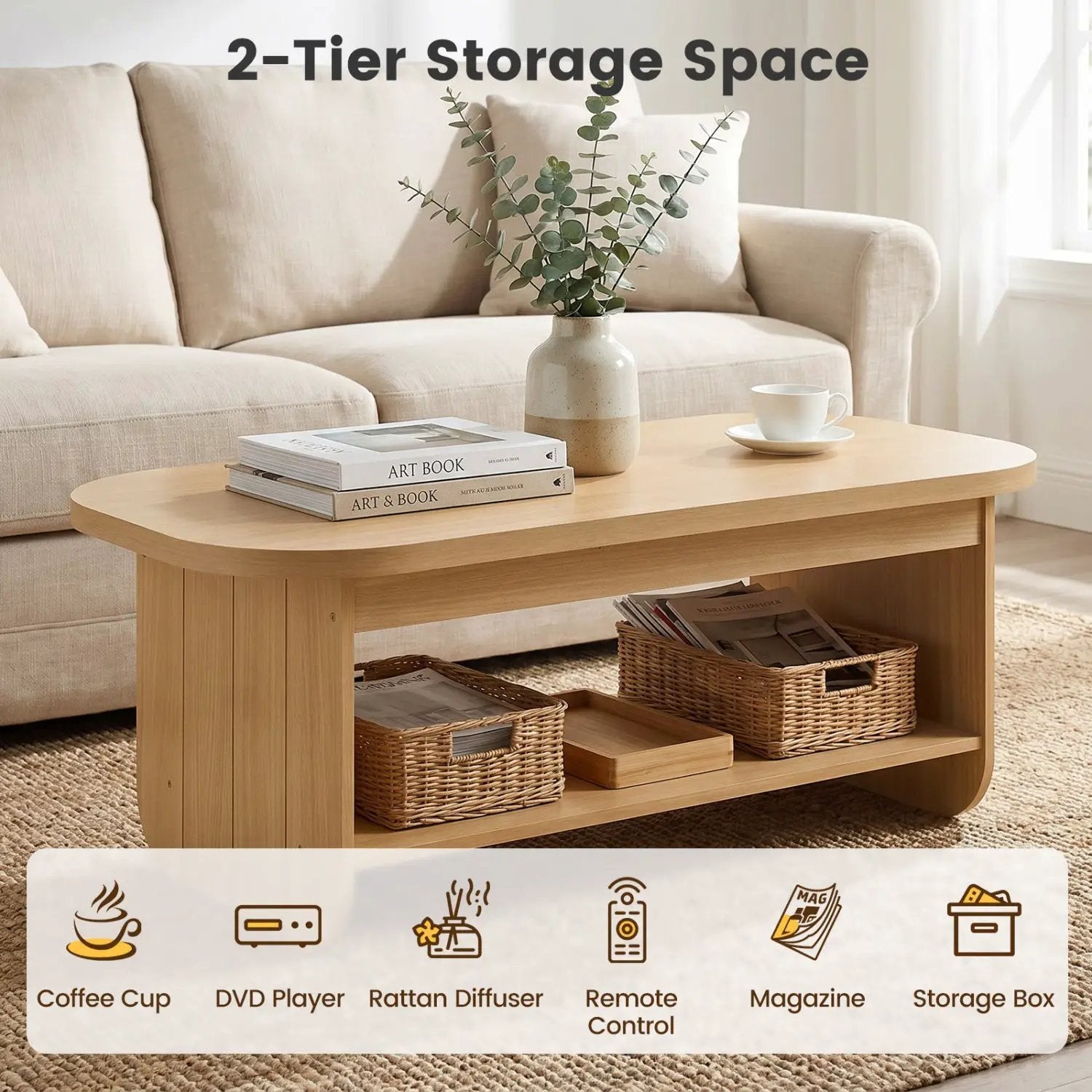 2-Tier Oval Coffee Table for Living Room Mid Century Center Table with Bottom Storage Shelf by DirectDeals