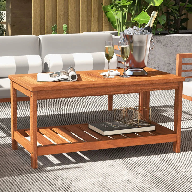 2-Tier Patio Coffee Table with Slatted Tabletop and Shelf by DirectDeals