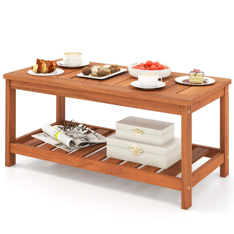 2-Tier Patio Coffee Table with Slatted Tabletop and Shelf by DirectDeals