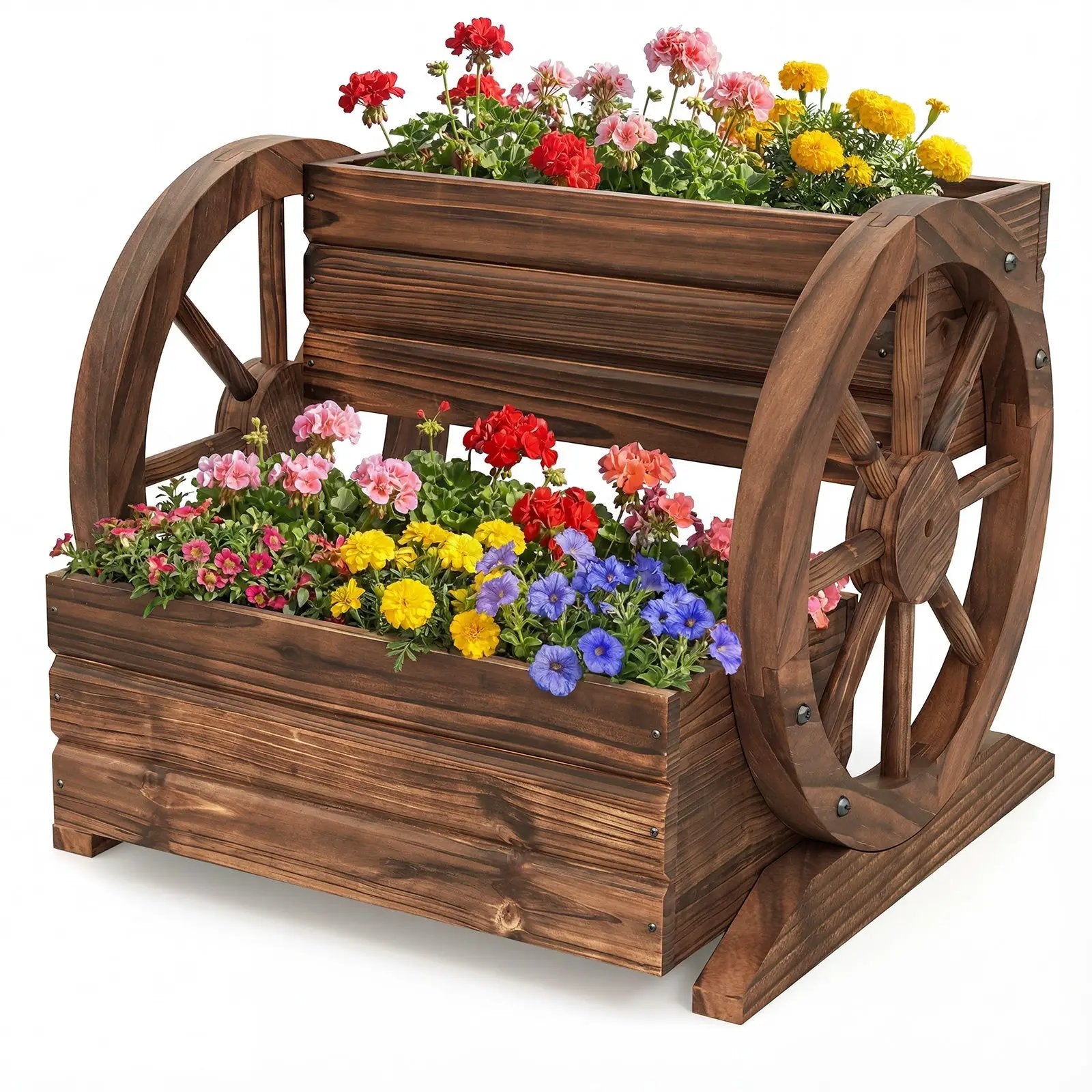 2-Tier Raised Garden Bed Rustic Wood Wagon Shape with Drainage Holes and Wheels-Coffee by DirectDeals