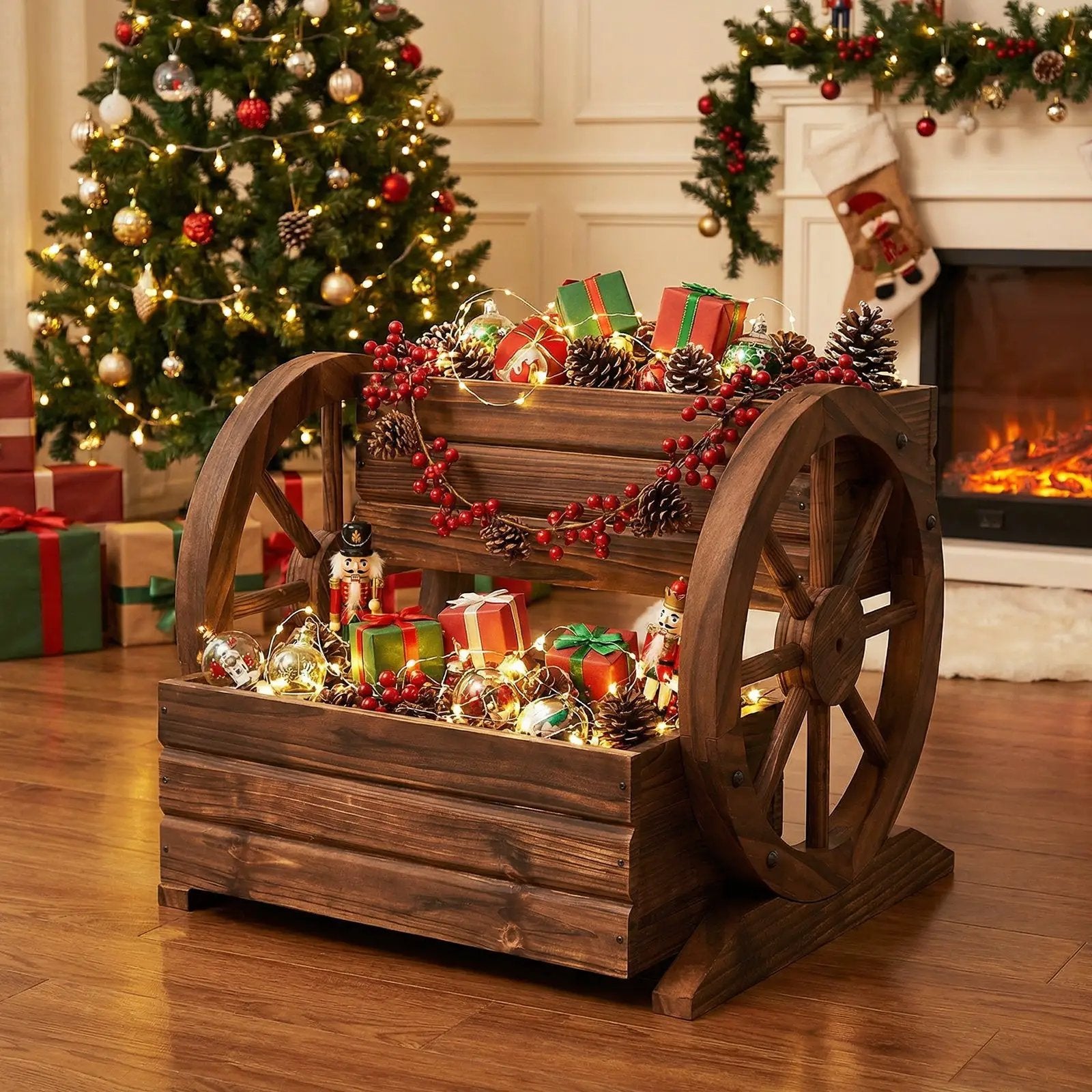 2-Tier Raised Garden Bed Rustic Wood Wagon Shape with Drainage Holes and Wheels-Coffee by DirectDeals