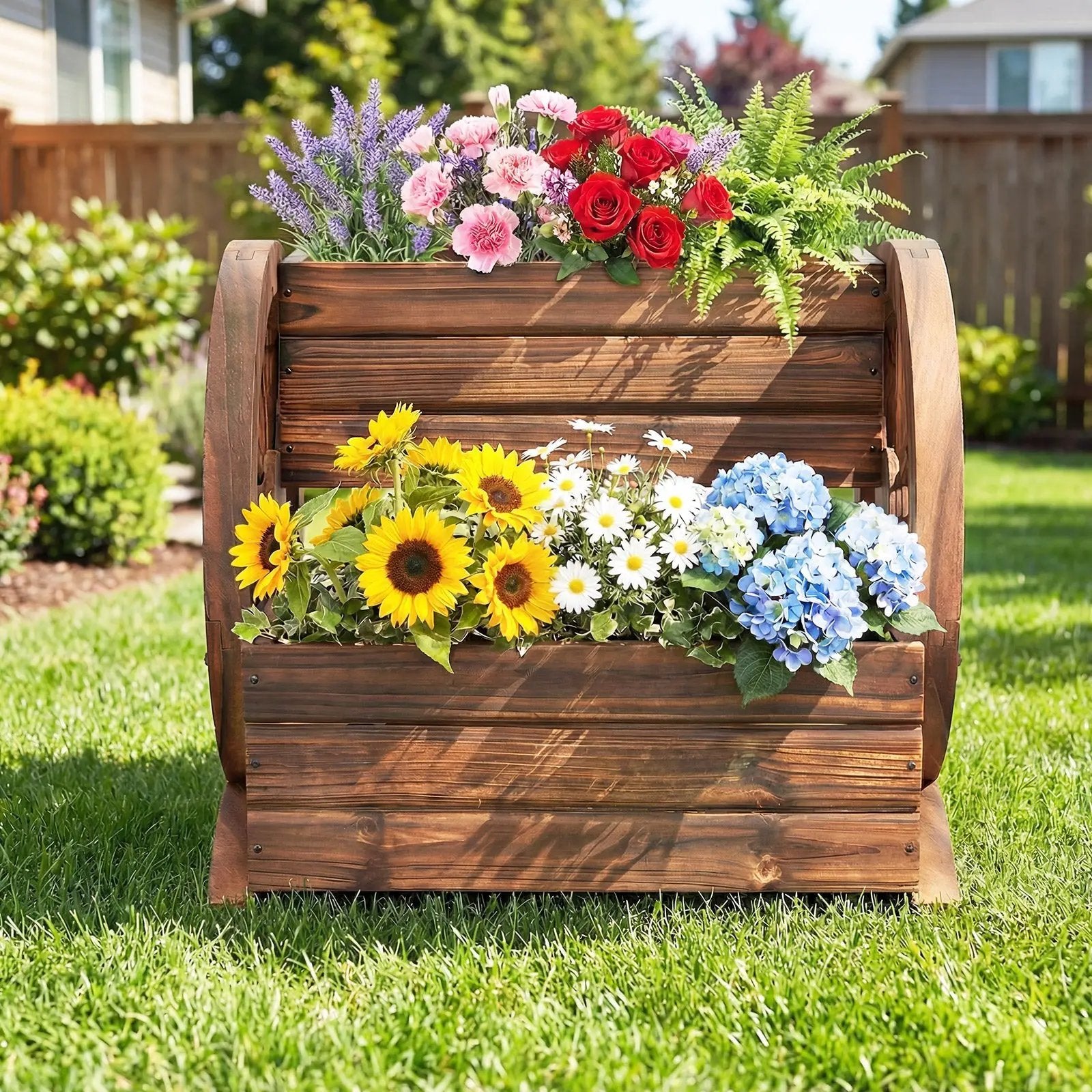 2-Tier Raised Garden Bed Rustic Wood Wagon Shape with Drainage Holes and Wheels-Coffee by DirectDeals