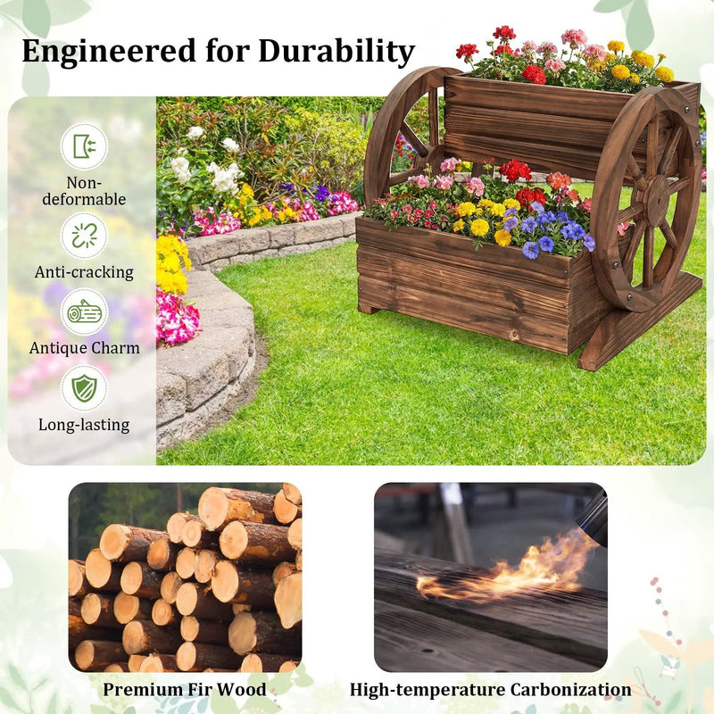 2-Tier Raised Garden Bed Rustic Wood Wagon Shape with Drainage Holes and Wheels-Coffee by DirectDeals