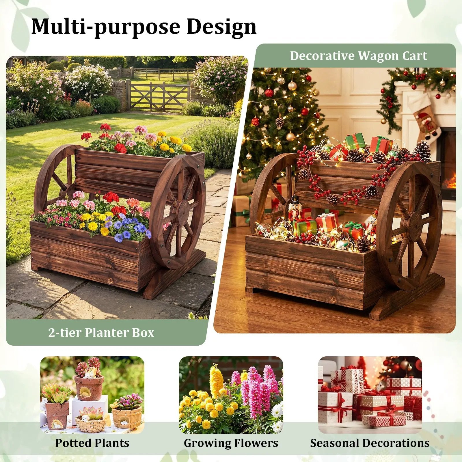 2-Tier Raised Garden Bed Rustic Wood Wagon Shape with Drainage Holes and Wheels-Coffee by DirectDeals
