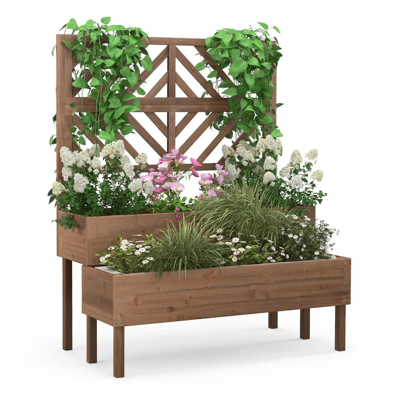 2-Tier Raised Garden Bed with Trellis-Brown by DirectDeals