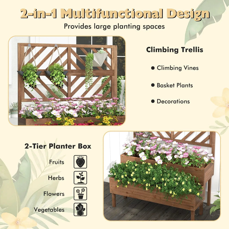2-Tier Raised Garden Bed with Trellis-Brown by DirectDeals