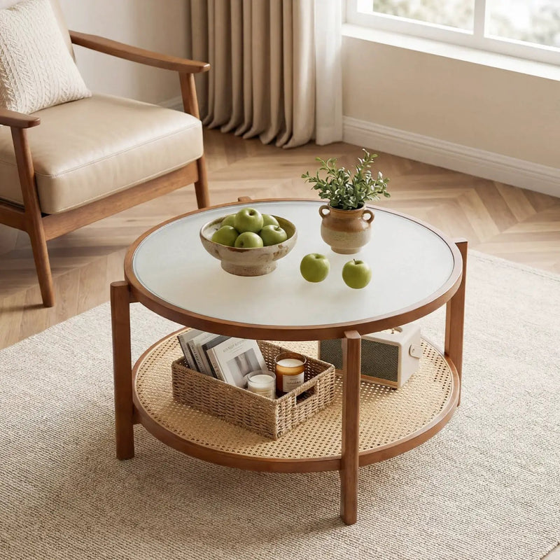 2-Tier Rattan Coffee Table with Frosted Glass Top by DirectDeals