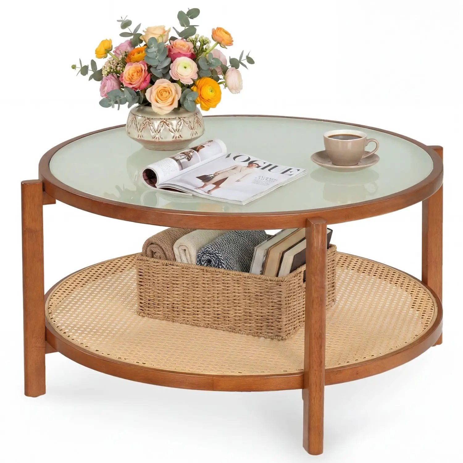 2-Tier Rattan Coffee Table with Frosted Glass Top by DirectDeals