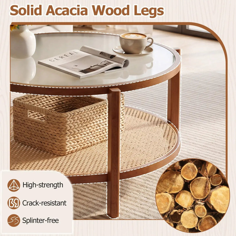 2-Tier Rattan Coffee Table with Frosted Glass Top by DirectDeals