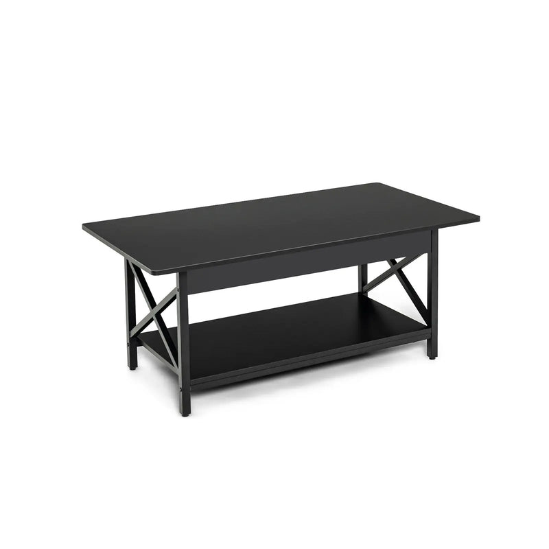 2-Tier Rectangle Coffee Table with Storage Shelf and X-shaped Metal Frame-Black by DirectDeals