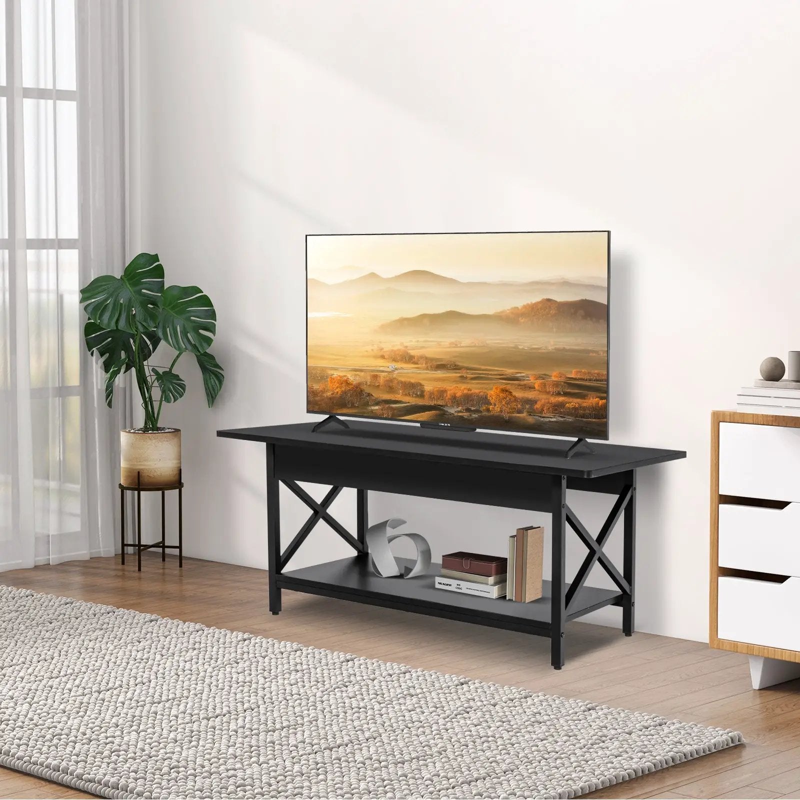 2-Tier Rectangle Coffee Table with Storage Shelf and X-shaped Metal Frame-Black by DirectDeals