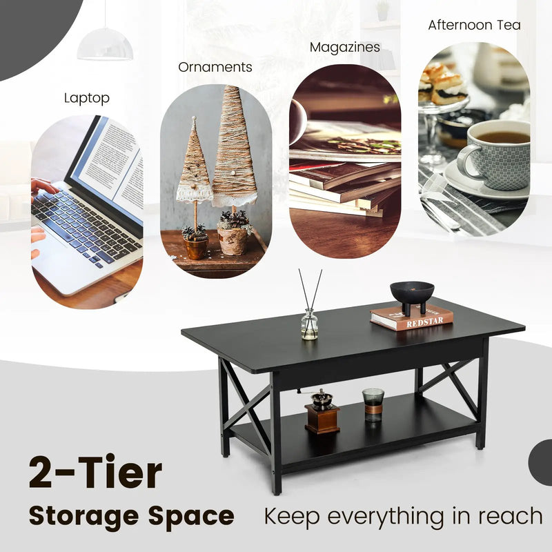 2-Tier Rectangle Coffee Table with Storage Shelf and X-shaped Metal Frame-Black by DirectDeals