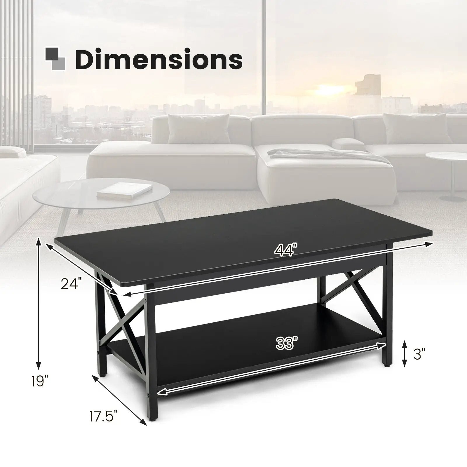 2-Tier Rectangle Coffee Table with Storage Shelf and X-shaped Metal Frame-Black by DirectDeals