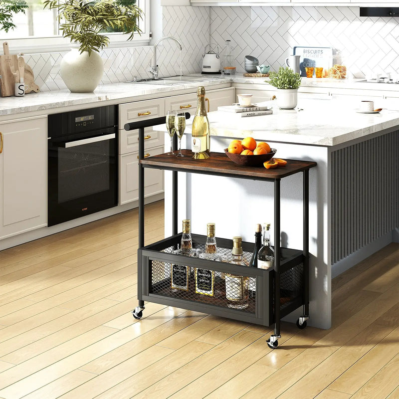 2-Tier Rolling End Table with Handle and Mesh Basket-Rustic Brown by DirectDeals