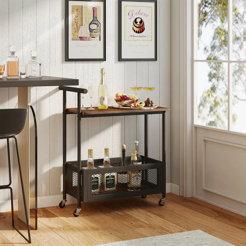 2-Tier Rolling End Table with Handle and Mesh Basket-Rustic Brown by DirectDeals