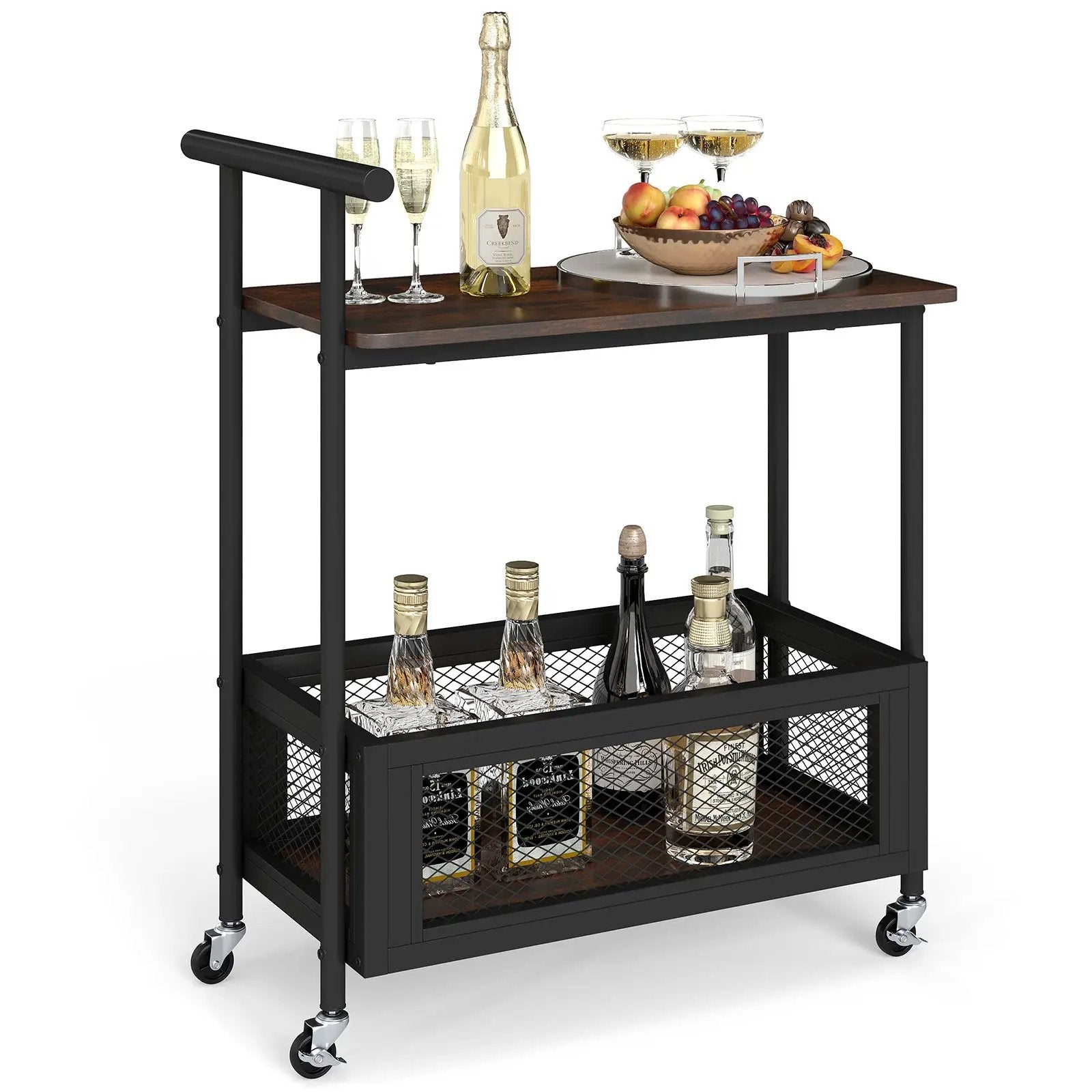 2-Tier Rolling End Table with Handle and Mesh Basket-Rustic Brown by DirectDeals