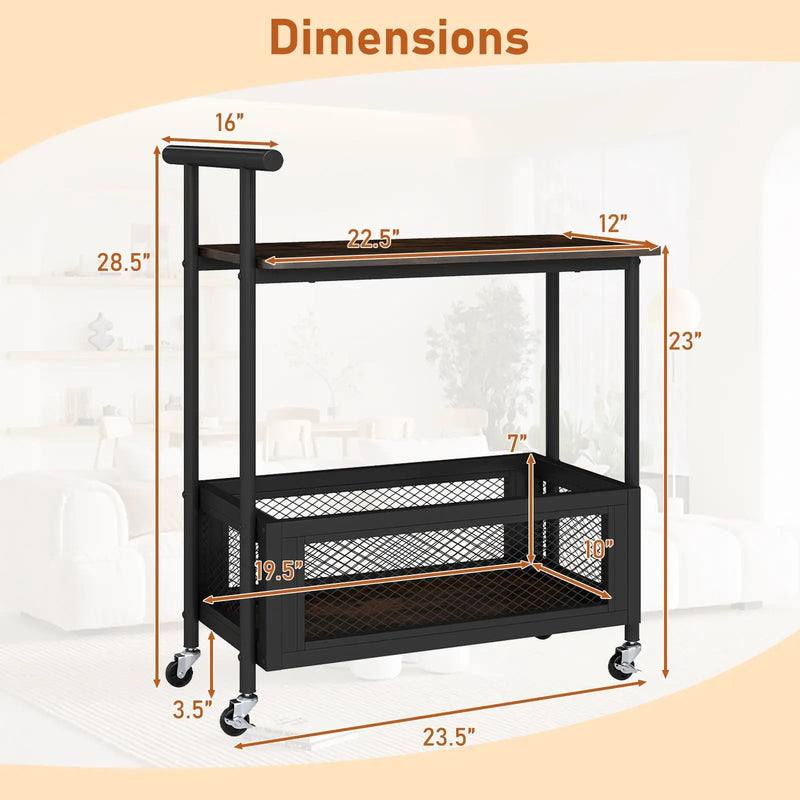 2-Tier Rolling End Table with Handle and Mesh Basket-Rustic Brown by DirectDeals