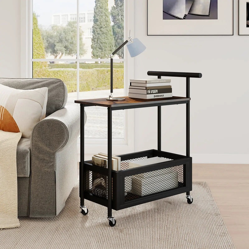 2-Tier Rolling End Table with Handle and Mesh Basket-Rustic Brown by DirectDeals