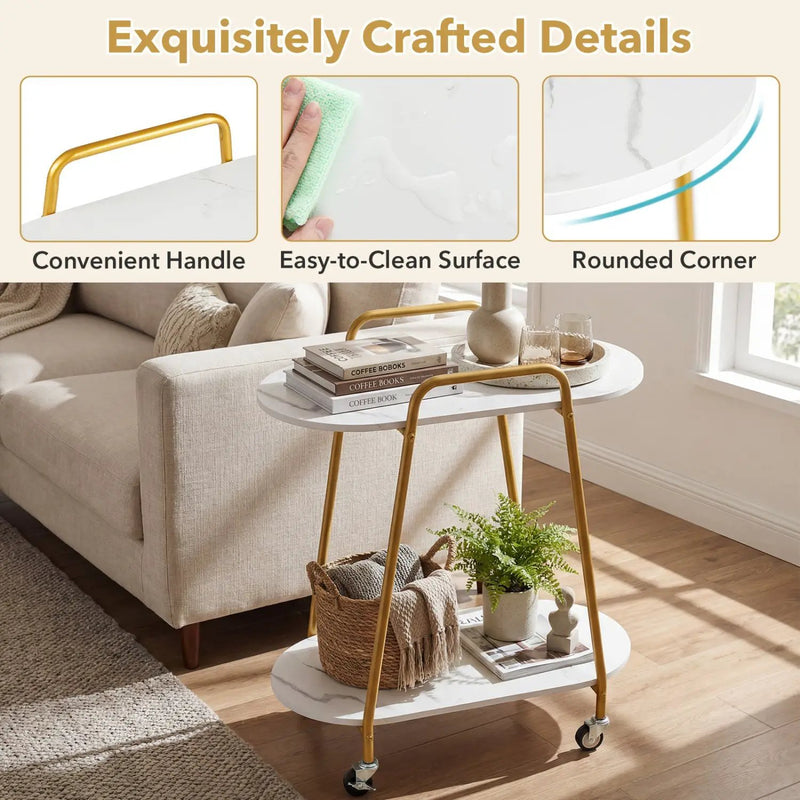 Rolling End Table with Faux Marble Top - 2-Tier Storage by DirectDeals