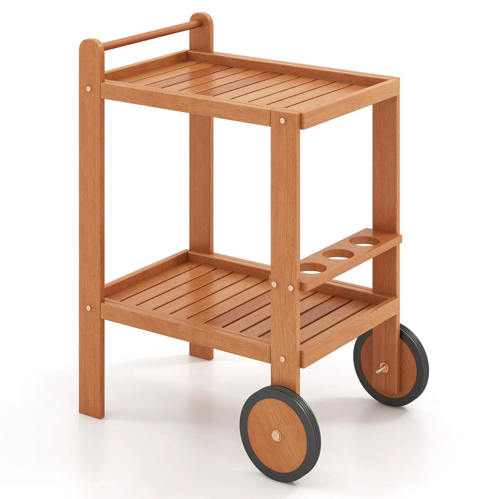 2 Tier Rolling Serving Cart with Wine Bottle Holders and 2 Rubber Wheels by DirectDeals