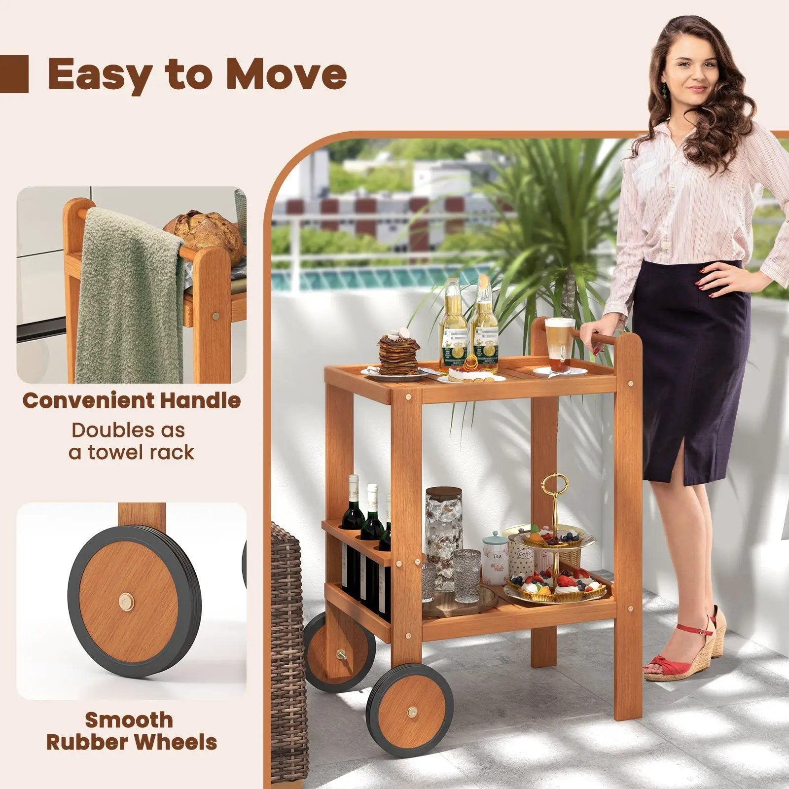 2 Tier Rolling Serving Cart with Wine Bottle Holders and 2 Rubber Wheels by DirectDeals