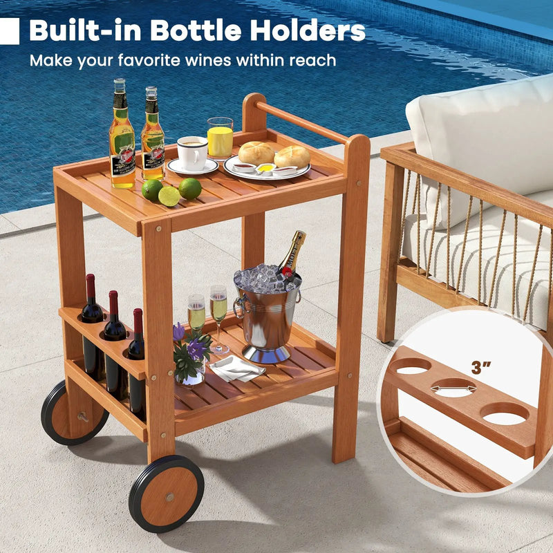 2 Tier Rolling Serving Cart with Wine Bottle Holders and 2 Rubber Wheels by DirectDeals