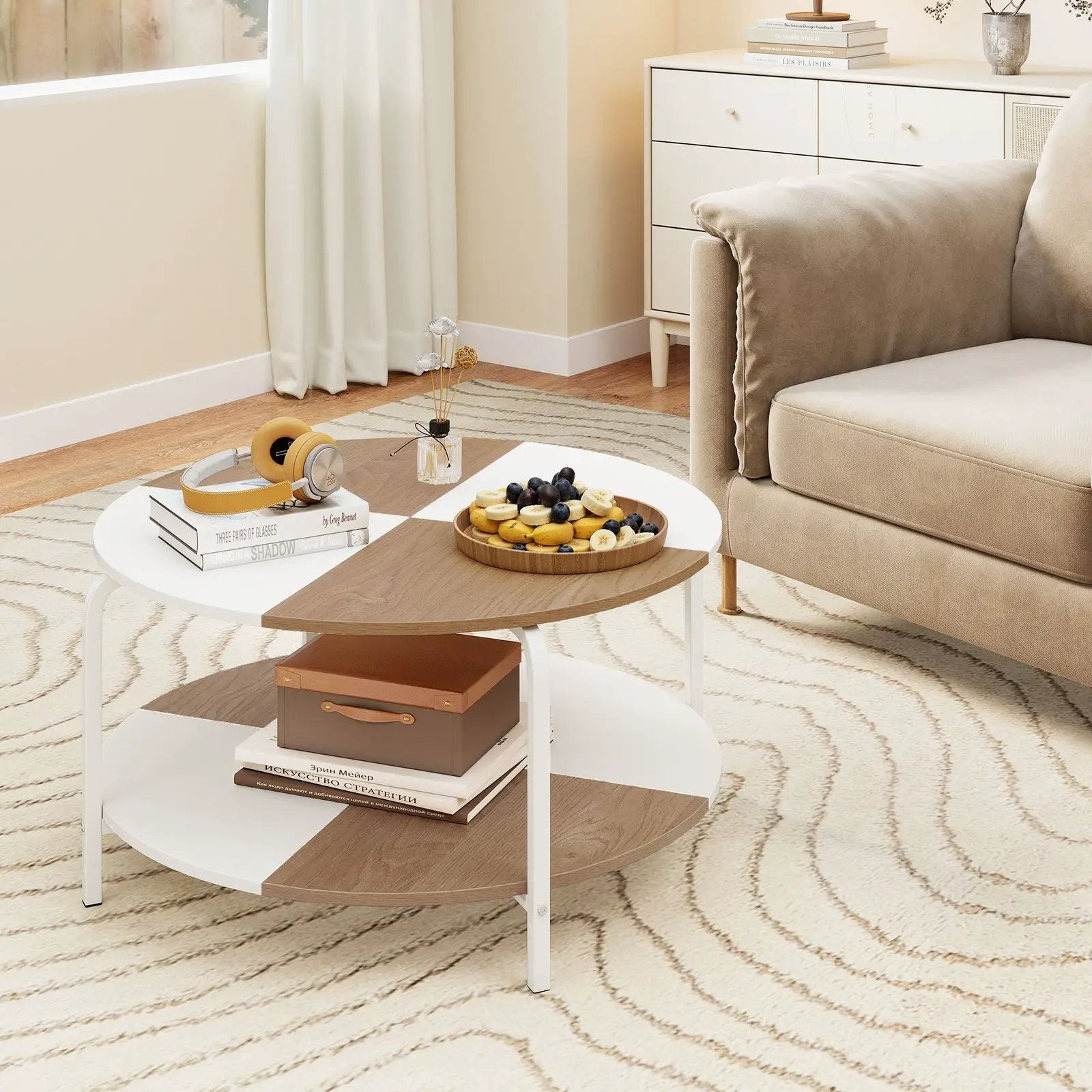 2-Tier Round Coffee Table Metal Frame with Storage Shelf by DirectDeals