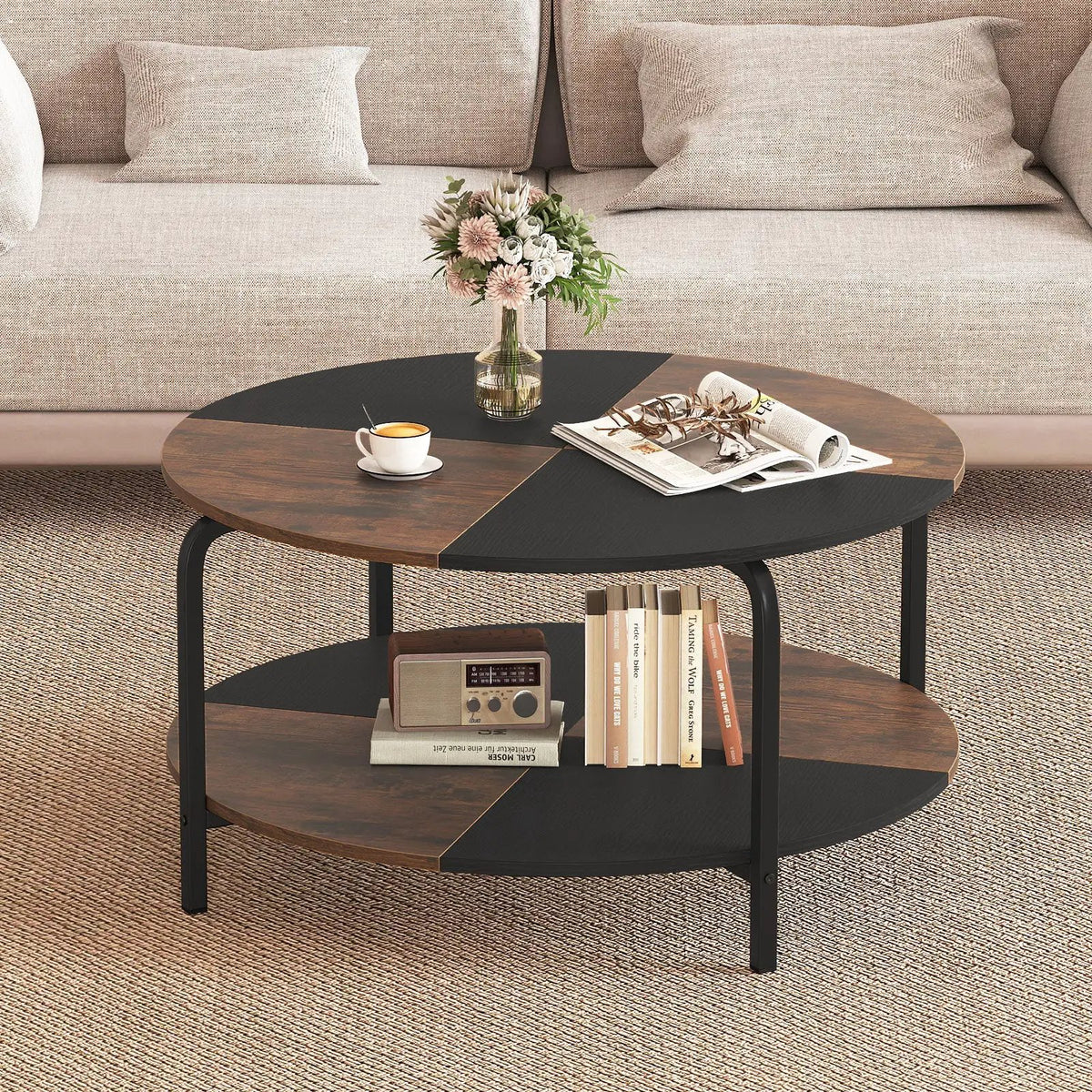 2-Tier Round Coffee Table Metal Frame with Storage Shelf by DirectDeals