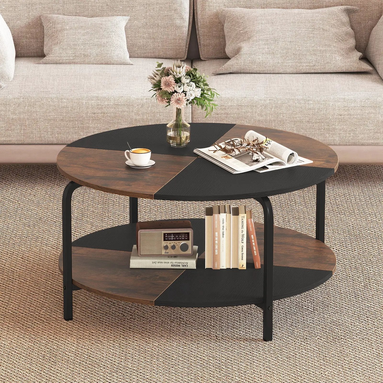 2-Tier Round Coffee Table Metal Frame with Storage Shelf by DirectDeals