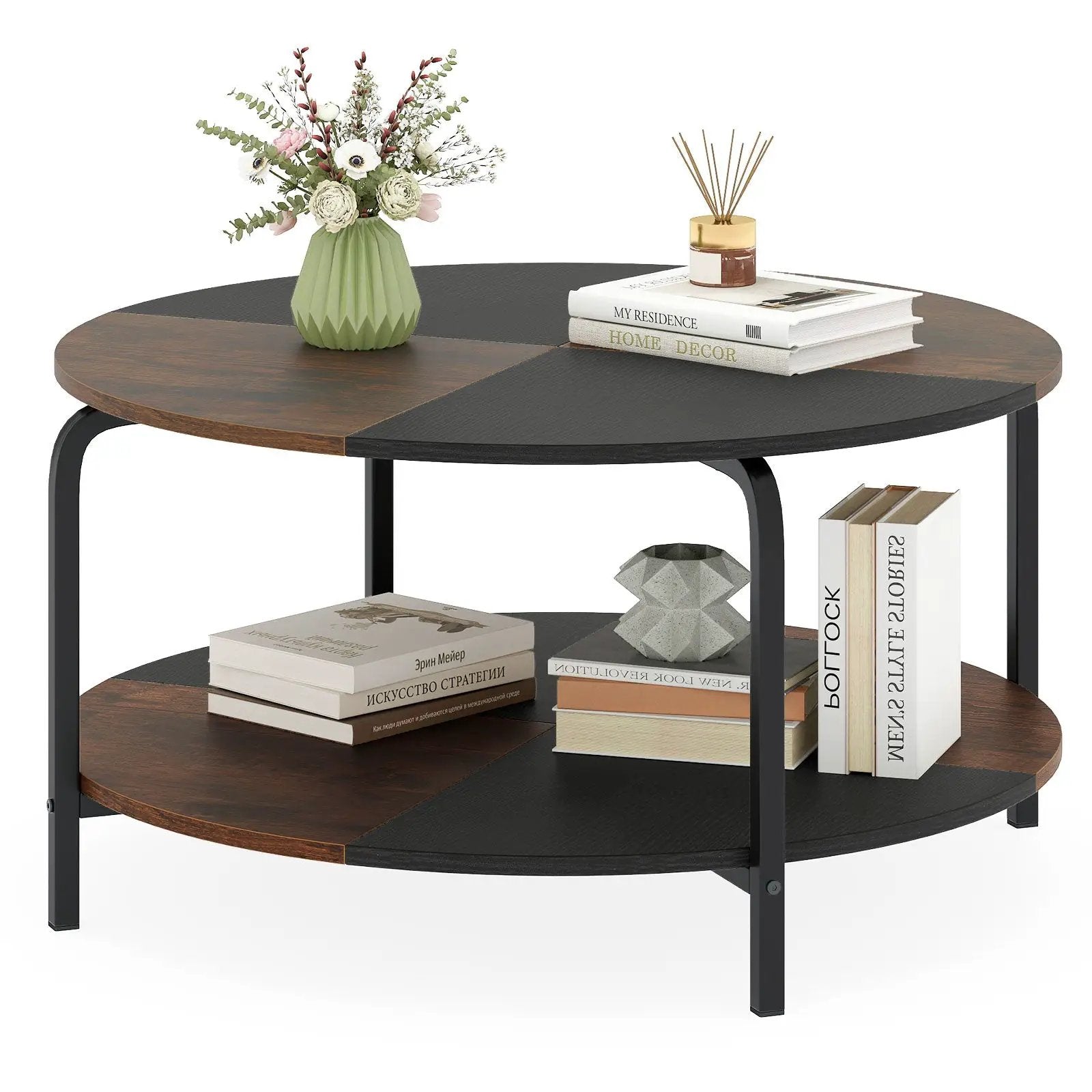 2-Tier Round Coffee Table Metal Frame with Storage Shelf by DirectDeals