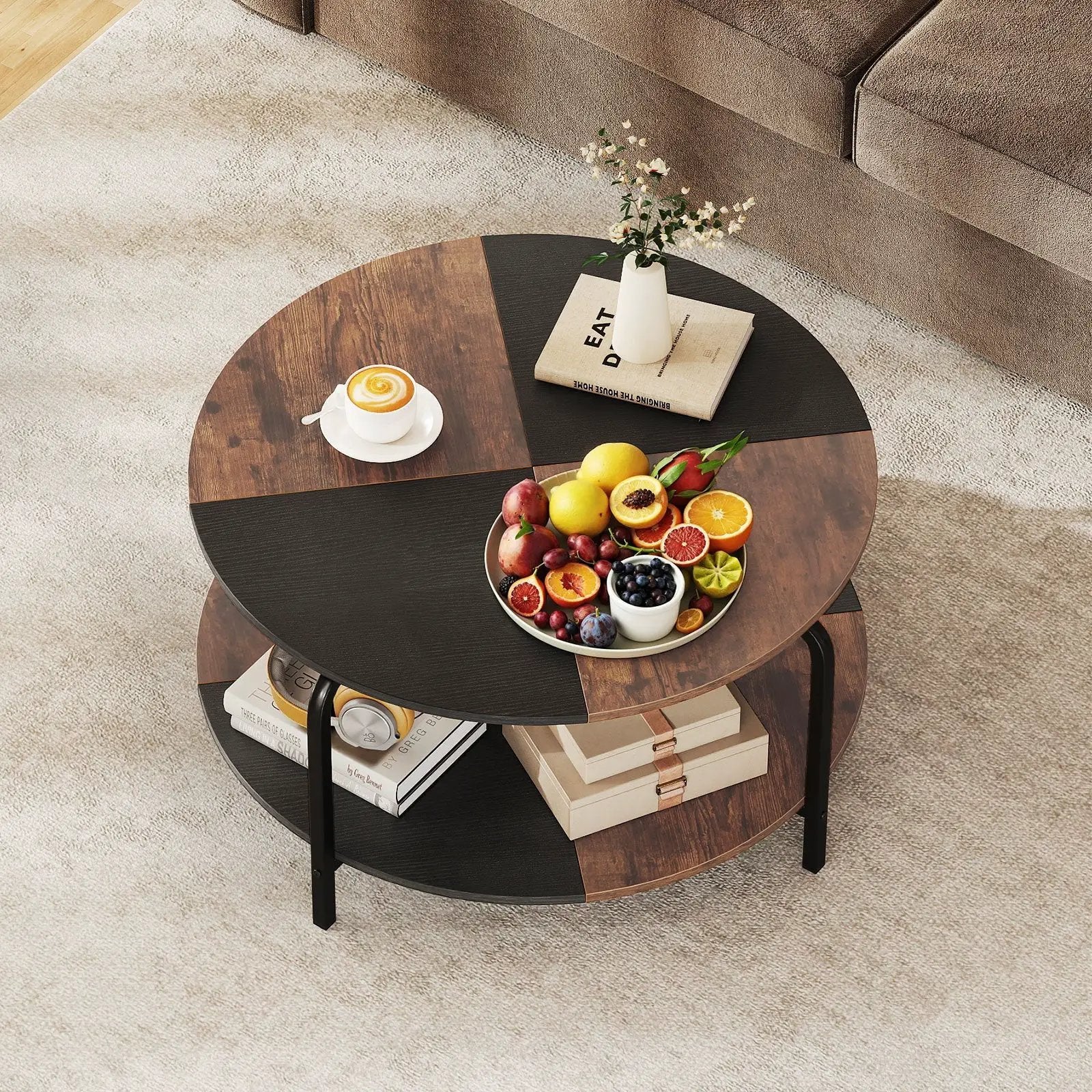2-Tier Round Coffee Table Metal Frame with Storage Shelf by DirectDeals