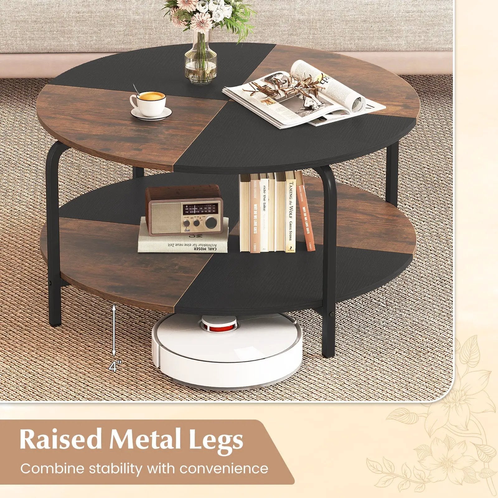 2-Tier Round Coffee Table Metal Frame with Storage Shelf by DirectDeals