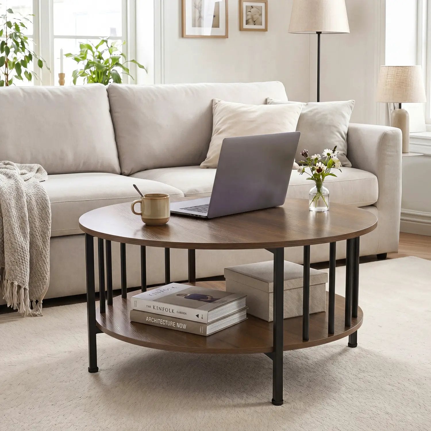 Round Coffee Table with Storage Shelf and Metal Frame by DirectDeals