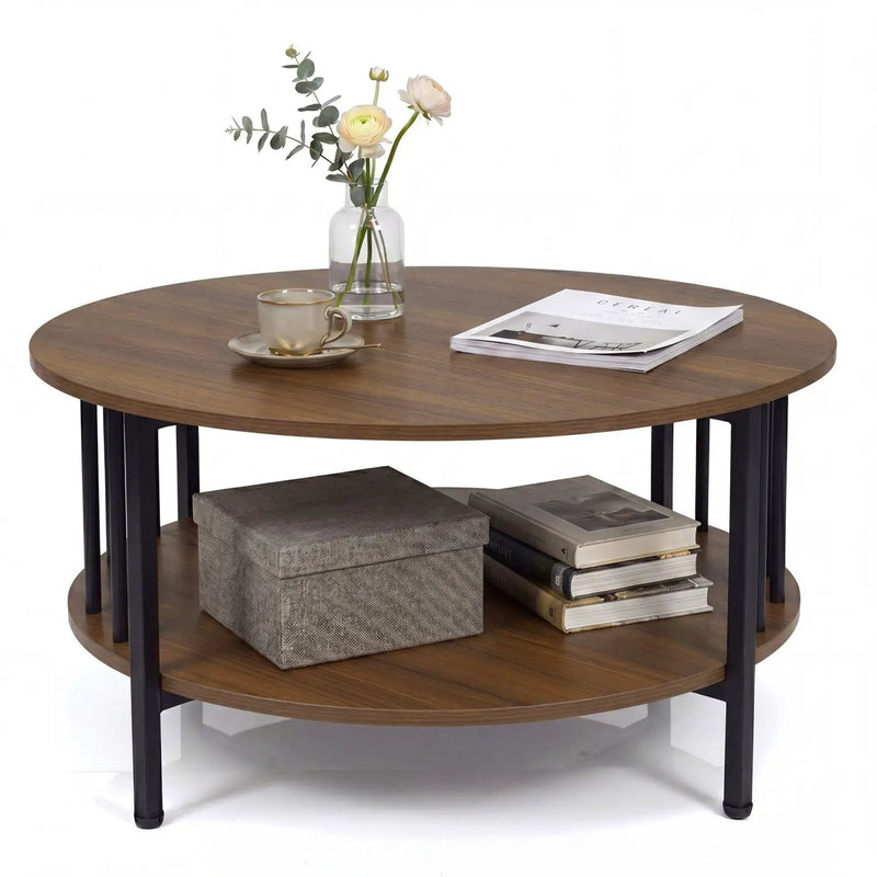 Round Coffee Table with Storage Shelf and Metal Frame by DirectDeals