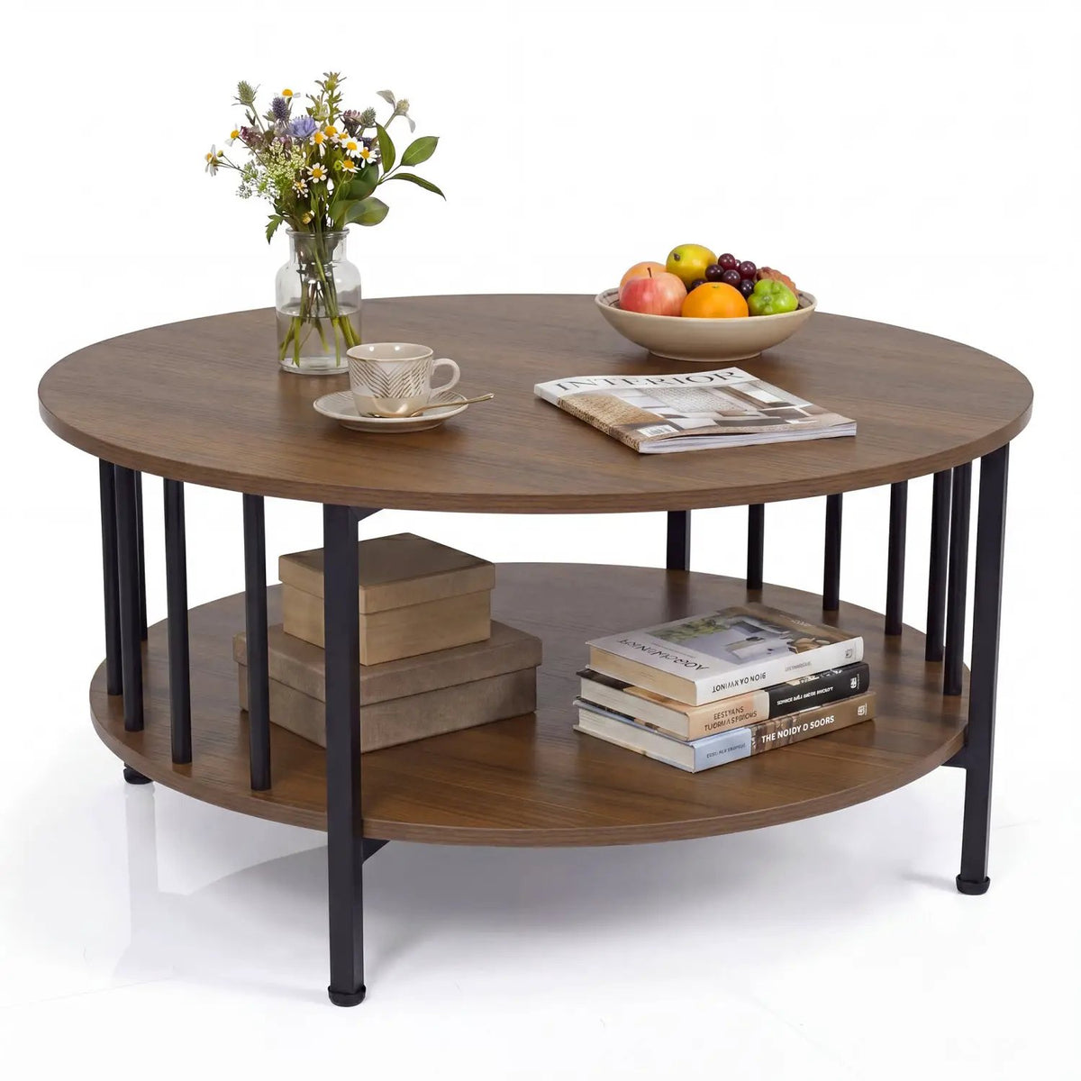 Round Coffee Table with Storage Shelf and Metal Frame by DirectDeals