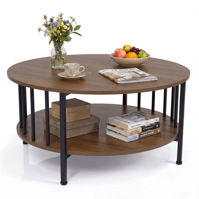 Round Coffee Table with Storage Shelf and Metal Frame by DirectDeals