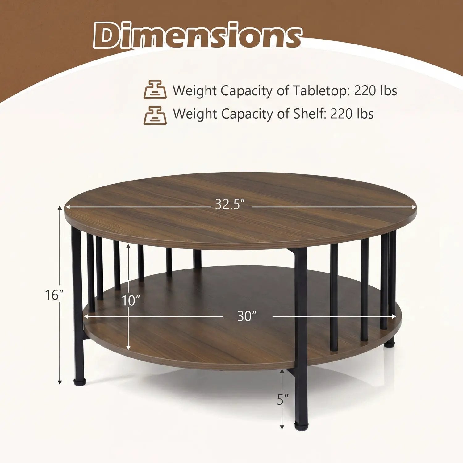 Round Coffee Table with Storage Shelf and Metal Frame by DirectDeals