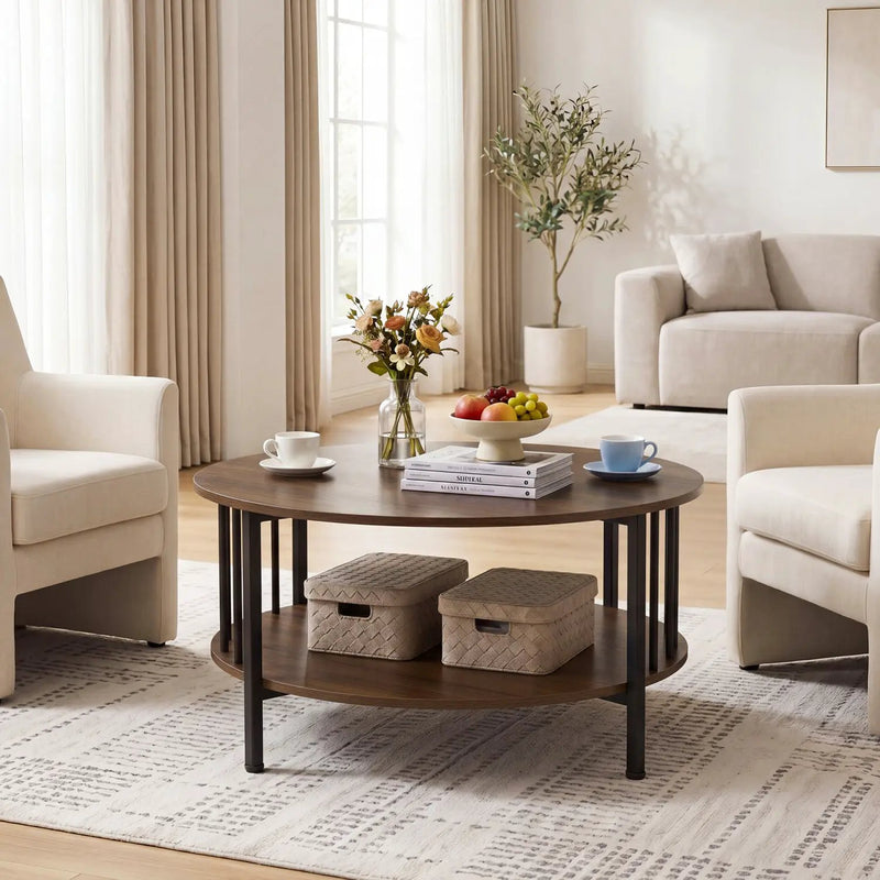 Round Coffee Table with Storage Shelf and Metal Frame by DirectDeals