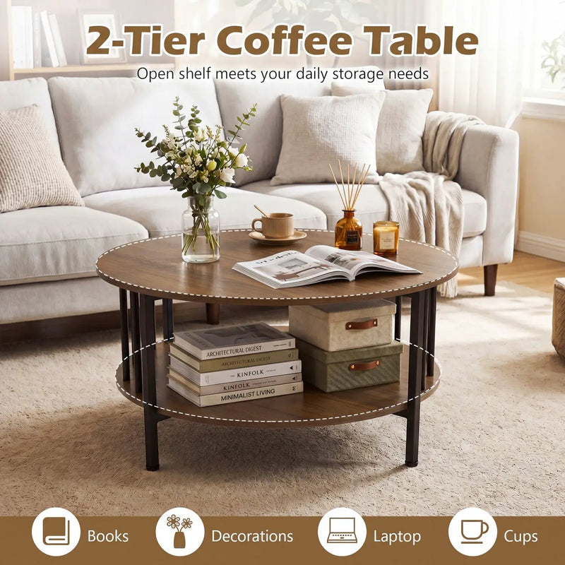 Round Coffee Table with Storage Shelf and Metal Frame by DirectDeals