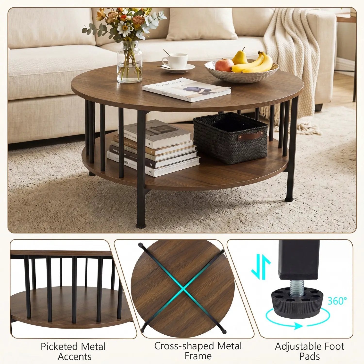 Round Coffee Table with Storage Shelf and Metal Frame by DirectDeals