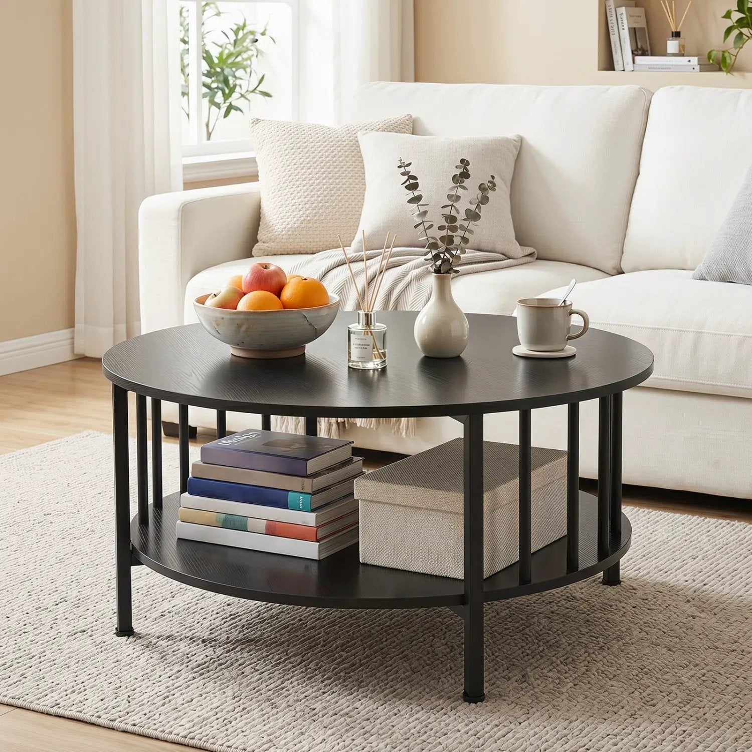 Round Coffee Table with Storage Shelf and Metal Frame by DirectDeals