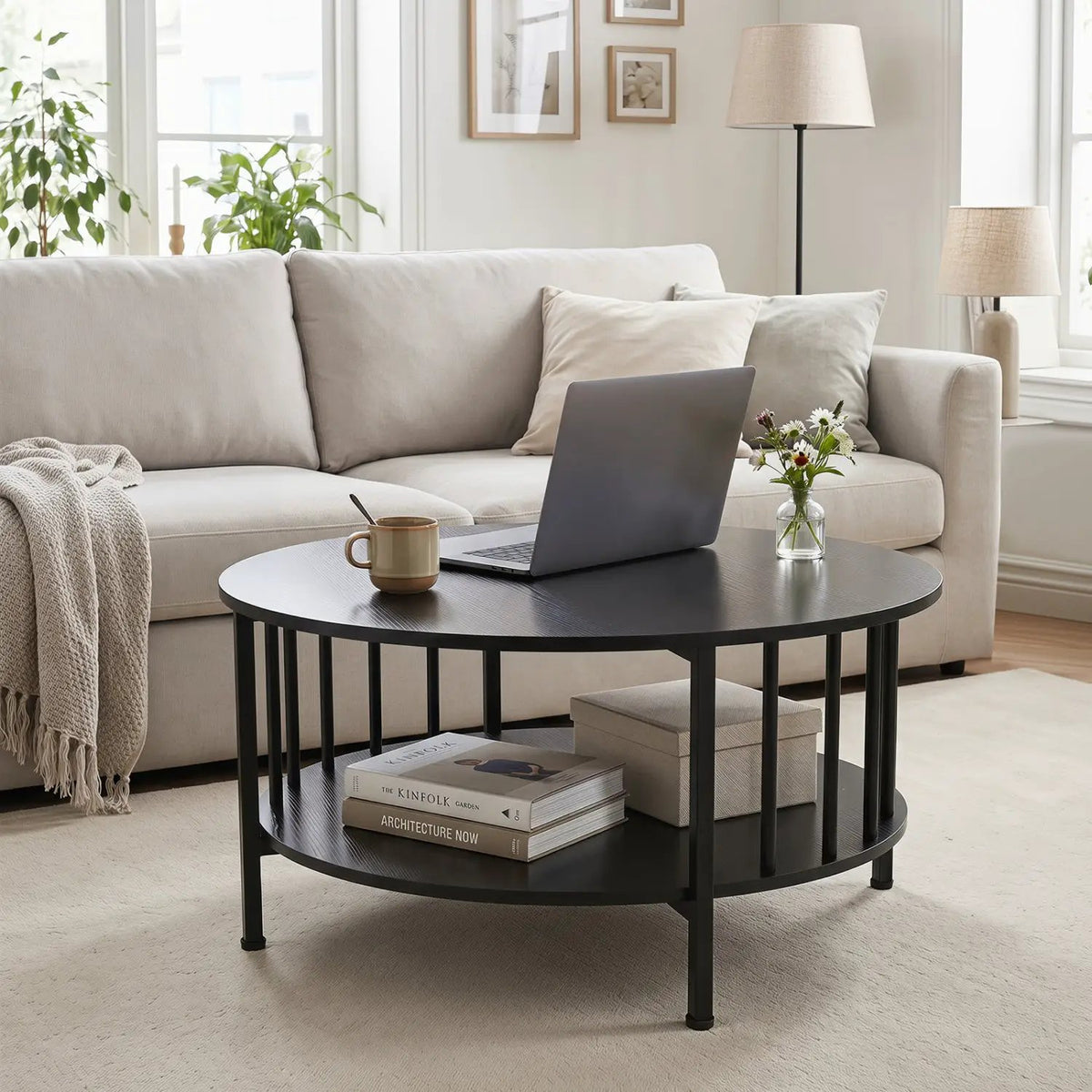 Round Coffee Table with Storage Shelf and Metal Frame by DirectDeals