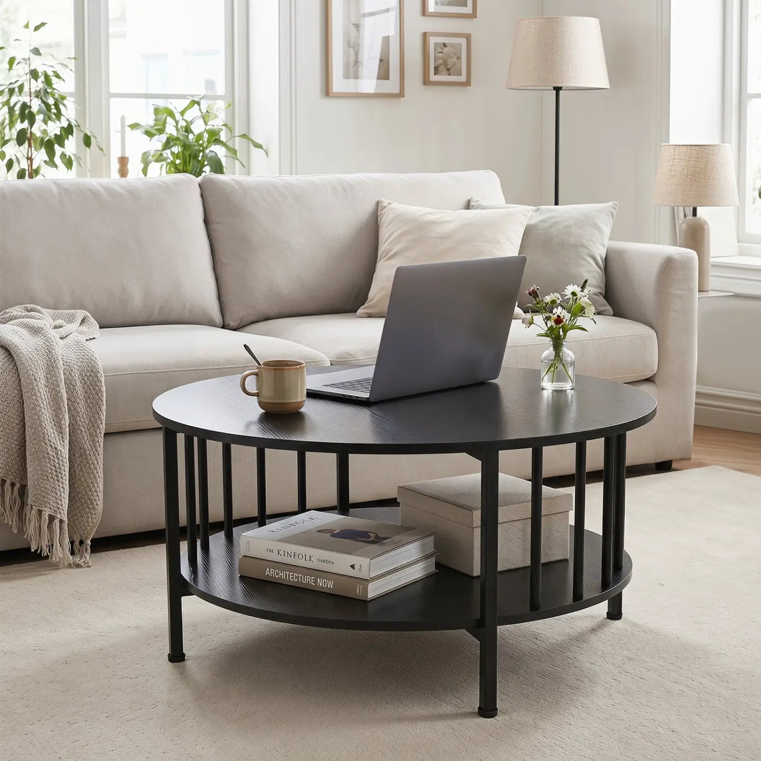 Round Coffee Table with Storage Shelf and Metal Frame by DirectDeals