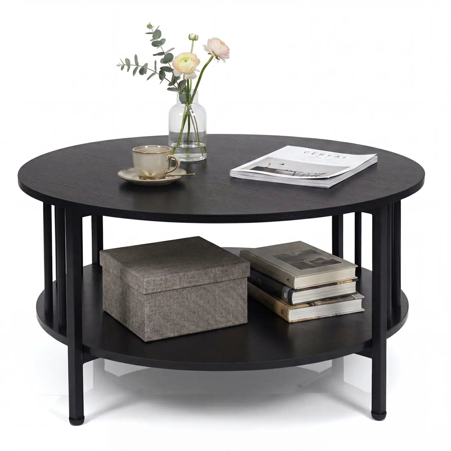 Round Coffee Table with Storage Shelf and Metal Frame by DirectDeals