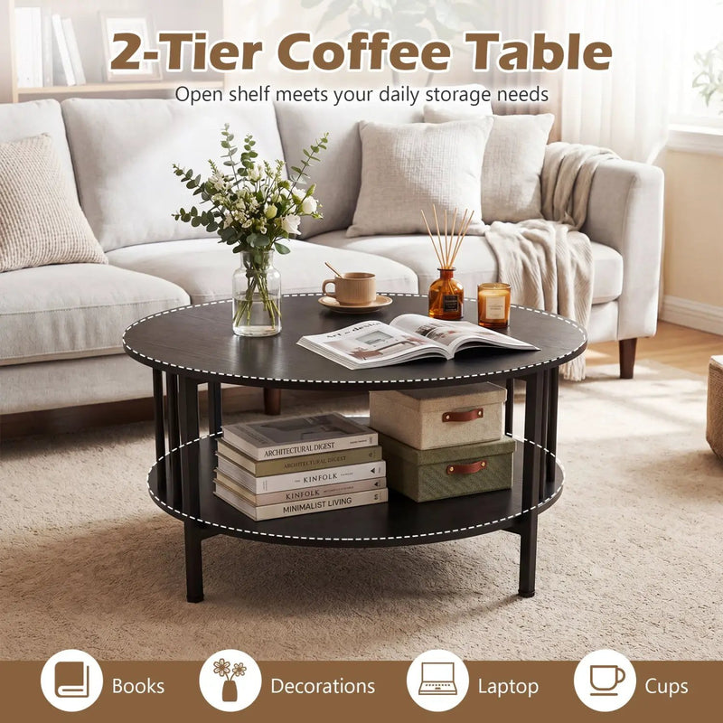 Round Coffee Table with Storage Shelf and Metal Frame by DirectDeals