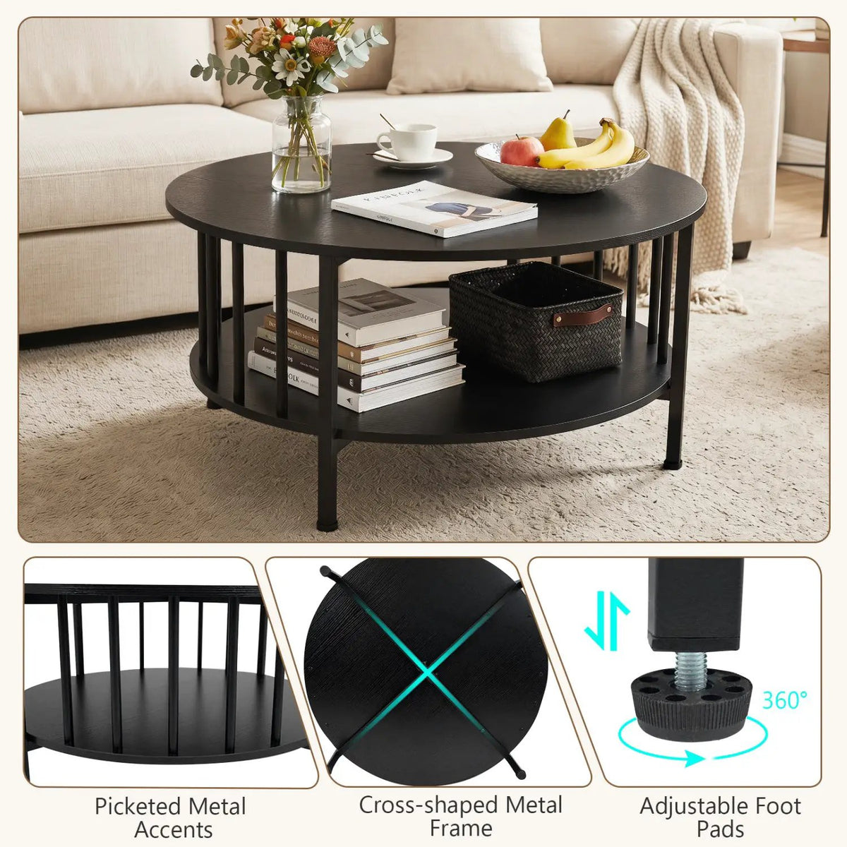 Round Coffee Table with Storage Shelf and Metal Frame by DirectDeals
