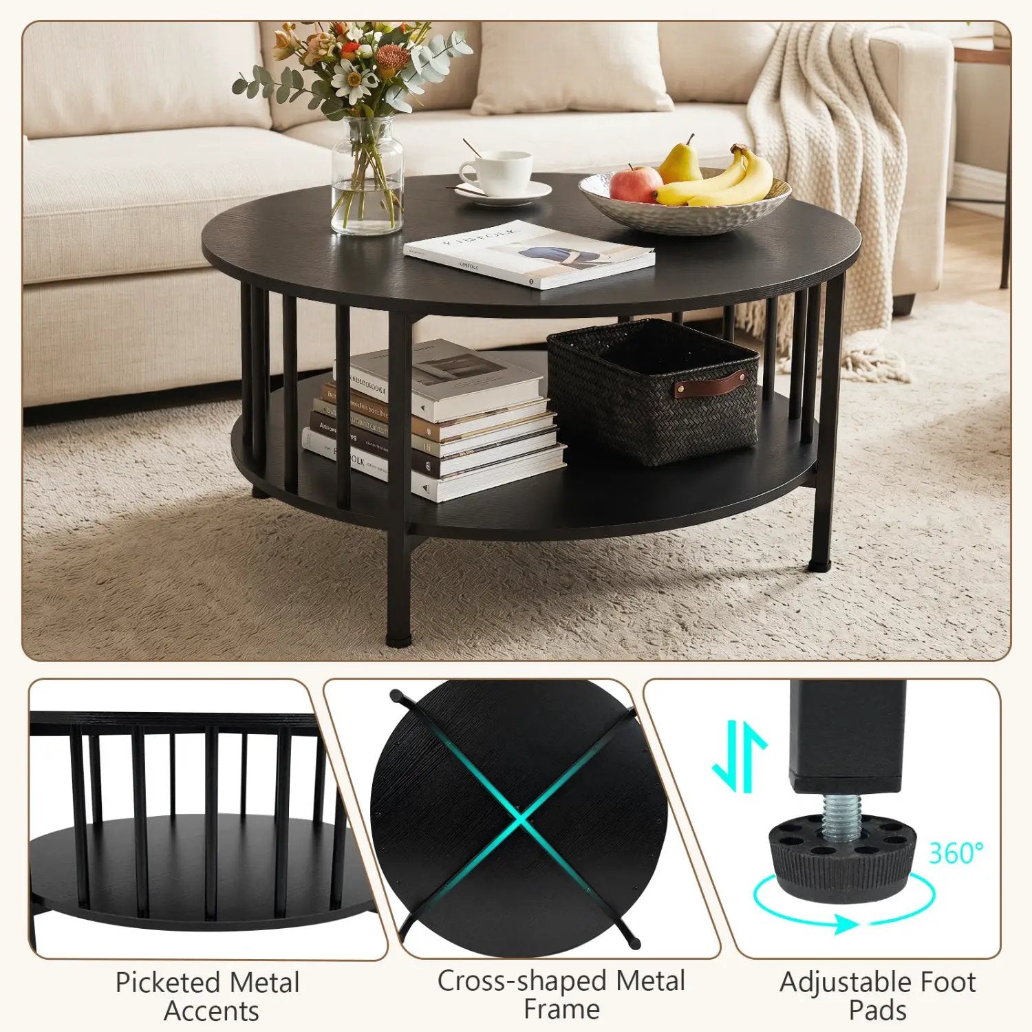 Round Coffee Table with Storage Shelf and Metal Frame by DirectDeals