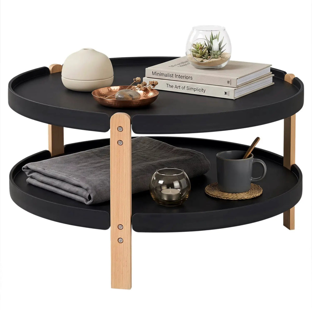 Round Coffee Table with 2-Tier Storage and Beech Wood Legs by DirectDeals