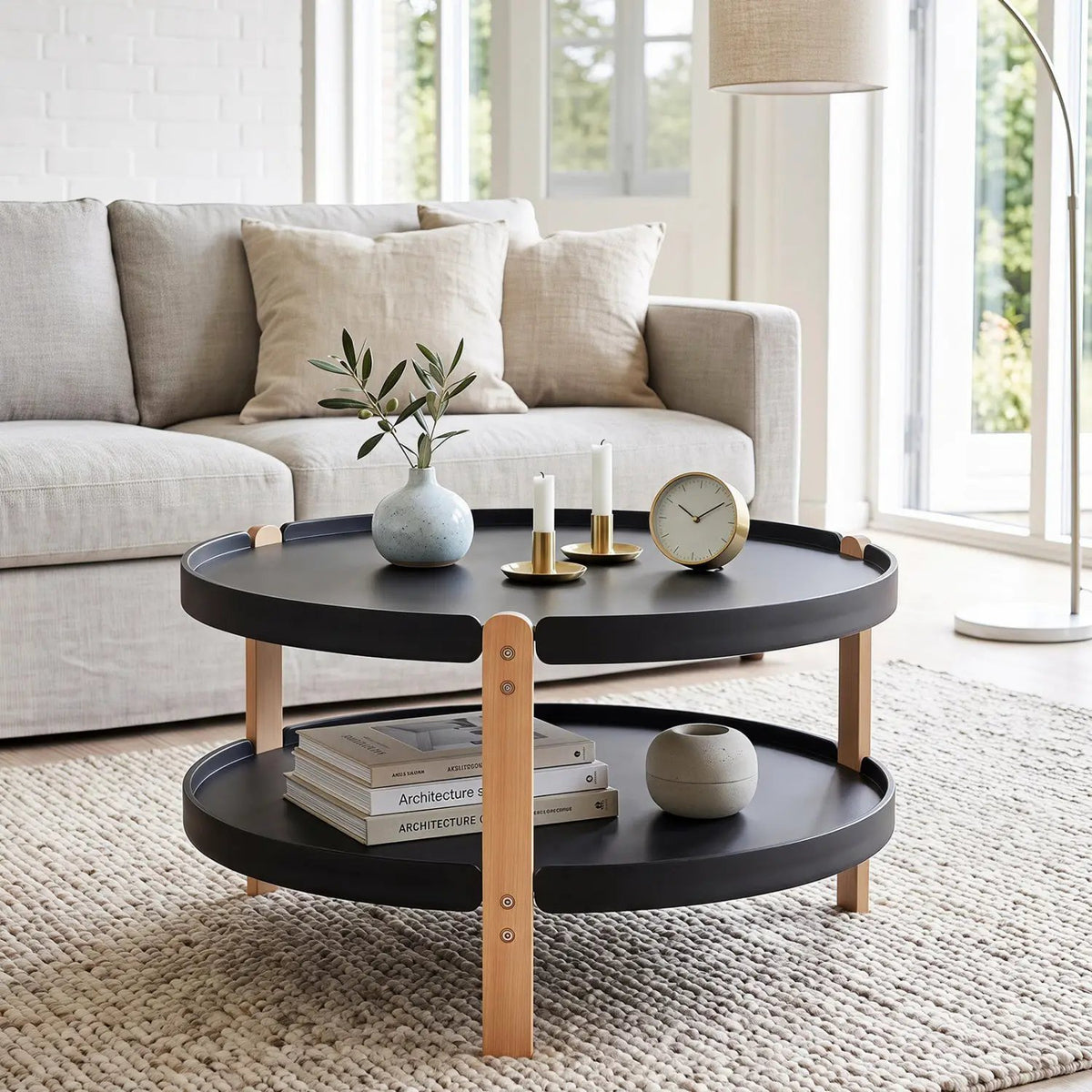 Round Coffee Table with 2-Tier Storage and Beech Wood Legs by DirectDeals